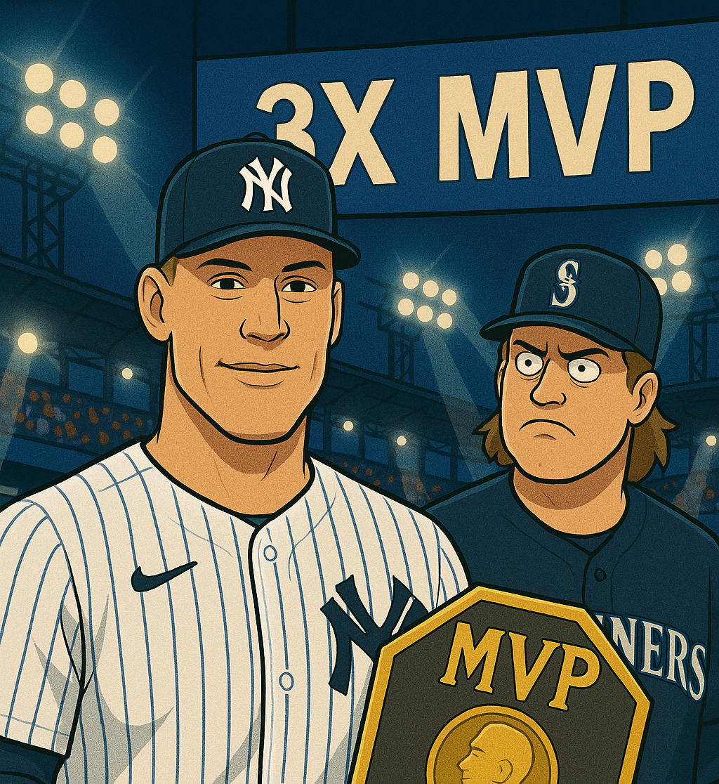 Aaron Judge swinging and Cal Raleigh framing a pitch in a split image